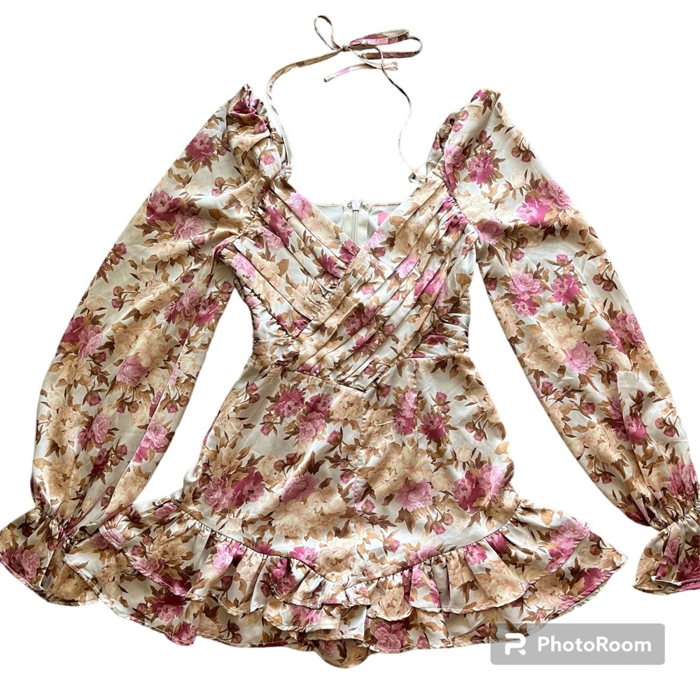Romantic Floral Satin Romper with Balloon Sleeves and Ruffle Shorts Bottom